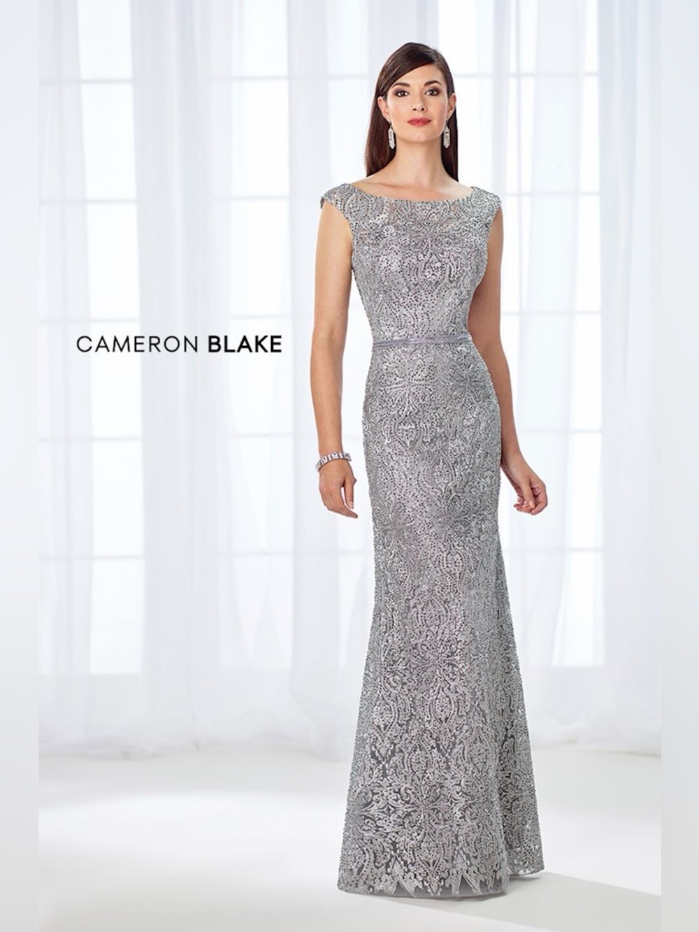 NWT CAMERON BLAKE Mon Cheri 118687 Silver Beaded Lace Formal Gown Size 12